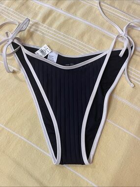 aerie Black Ribbed Bikini Bottom with White Trim